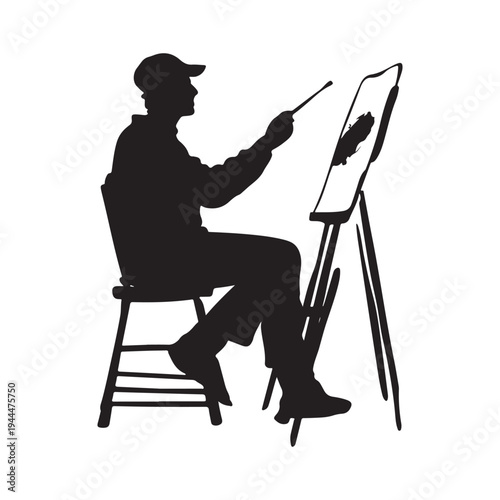 Silhouette of an male artist painting a canvas on an easel. vector illustration