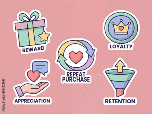 Colorful loyalty program icons and symbols.