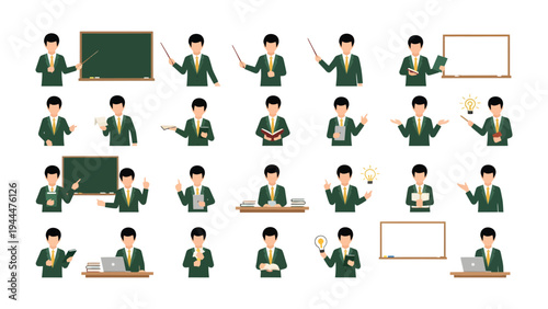 Teacher's Expressions and Actions: A collection of illustrations showcasing a teacher in various poses and actions, equipped with a range of educational tools. 
