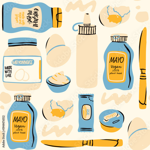 Mayonnaise sauces set, eggs, knife. Different container shapes. Plastic, squeeze, glass bottles, soft package, small bag, sauce cup. Hand drawn trendy Vector illustration. Square seamless Pattern