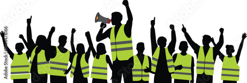 workers protest silhouette, construction workers wearing safety vest protesting with megaphone, labor rights demonstration crowd isolated on white background