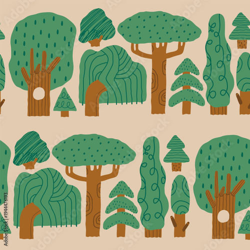 Set of various green Trees. Different types, shapes, textures. Cartoon, childish Scandinavian style forest trees. Hand drawn trendy Vector illustration. Square seamless Pattern, background, wallpaper