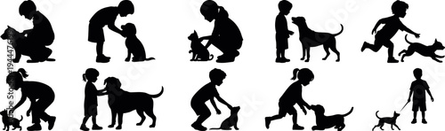pet training dog care activity stickman silhouette icon set, human dog interaction obedience training behavior pictogram collection, dog owner pet care training command activity vector icons