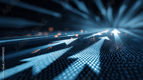 A futuristic digital illustration of arrows pointing upwards on a blue background