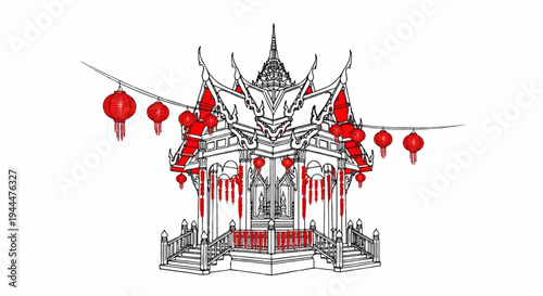 Ornate structure adorned with decorative red lanterns, architectural sketch