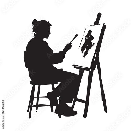 Silhouette of an male artist painting a canvas on an easel. vector illustration