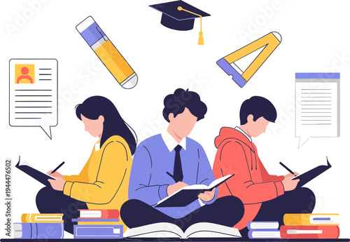 Students Learning Flat Vector Illustration with Study Supplies and Education Elements