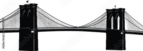Brooklyn Bridge silhouette vector illustration, iconic suspension bridge skyline, urban landmark architecture, black isolated design, New York cityscape, travel landmark graphic minimal