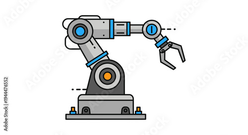 A robotic arm is operating on a factory floor with industrial equipment and metal components nearby.