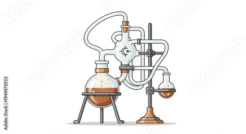 A laboratory setup featuring a distillation apparatus with copper components and glassware is prominently displayed in an industrial laboratory setting with various scientific equipment.