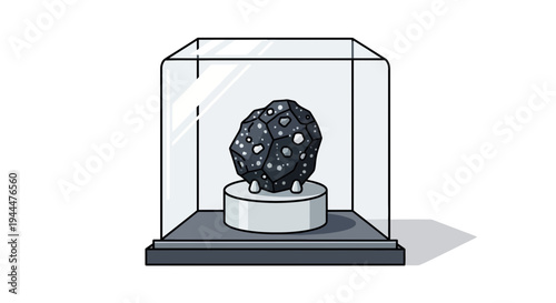 An illustration shows a meteorite on display in a glass case on a white pedestal indoors.