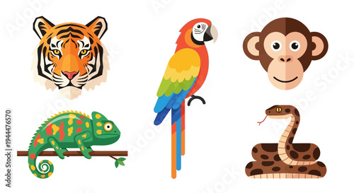 A vibrant illustration of a tiger, colorful parrot, monkey, chameleon, and snake, showcasing various animals in a lively scene with eclectic creatures.