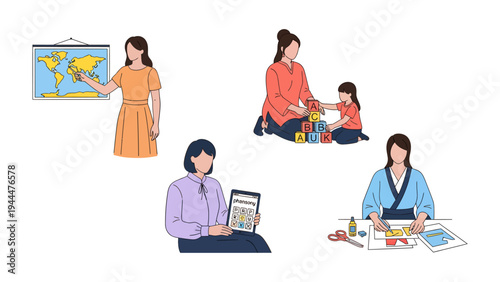 Nurturing Growth: Scenes of women teaching or playing with children.