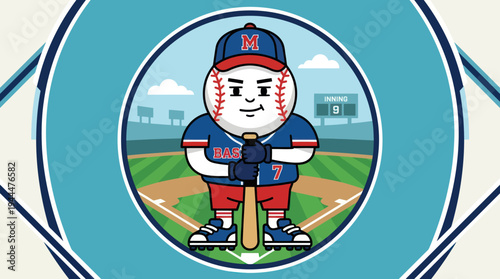 Baseball Mascot Character Holding Bat on Field.