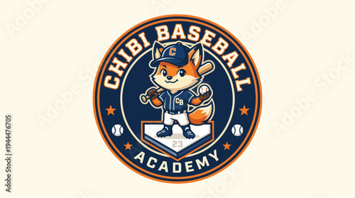 Chibi Baseball Academy Logo with Cute Fox Mascot.
