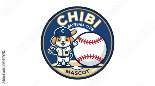 Chibi Baseball Club Mascot Logo with Cute Dog Character and Baseball.