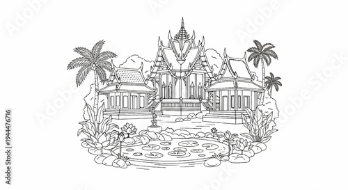 Ornate temple complex with tiered roofs, pond, lotus, and palm trees