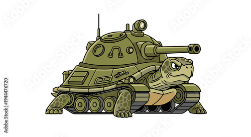 A turtle wearing a military tank is moving forward on land with a gun pointing to the right.