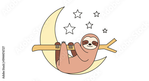 A cartoon sloth peacefully sleeps on a crescent moon branch under starry night sky with dreamy expression and relaxed posture.