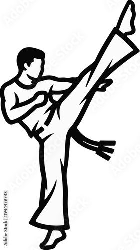 Martial artist in a dynamic high kick pose, striking with power and agility