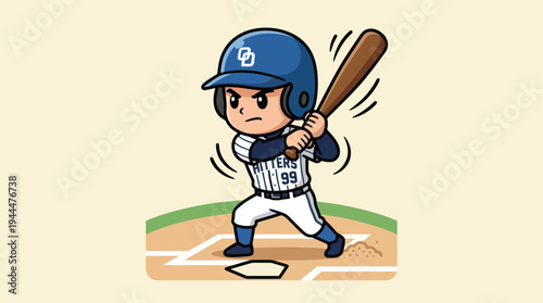 Chibi Baseball Player Ready to Bat in Uniform.