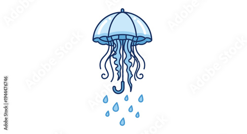 A blue jellyfish illustration with tentacles and raindrops falls slowly in the ocean.