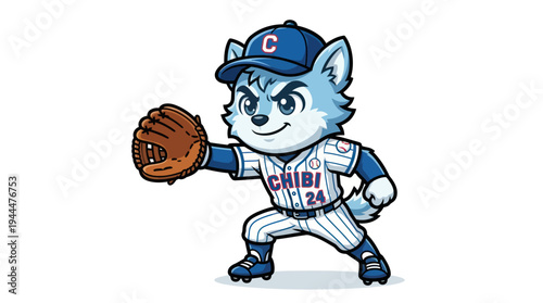 Chibi Wolf Baseball Player Mascot Ready to Catch Ball.