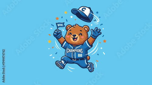 Cute Bear Mascot Celebrating Baseball Championship Victory.