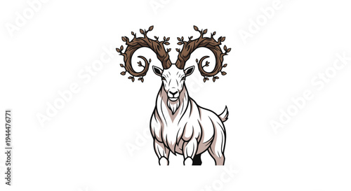 An illustration of a strong goat with large horns standing proudly on a plain white background.