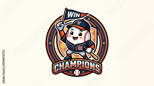 Cute Baseball Mascot Character Holding Win Flag and Bat in Champions Emblem.