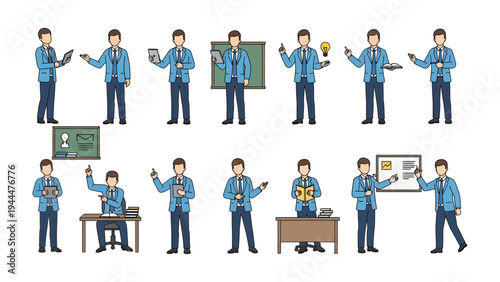 Teacher in various poses: A collection of illustrations showcasing a teacher in various stances and activities, highlighting the versatility and dynamism of the profession.