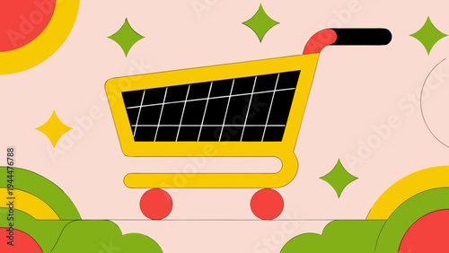 Shopping cart, a bright yellow vehicle with red accents, is surrounded by colorful shapes and sparkling stars, symbolizing successful retail, sales, and joyful consumer experiences.