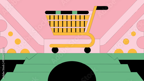 Shopping cart, a bright yellow vehicle with green accents, stands on graphic green steps, representing consumerism, retail industry, and online purchasing concepts.