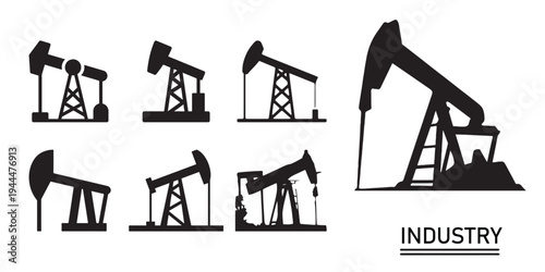 Oil Pumpjack Industry Icons Collection – Petroleum Extraction Machines Vector Pack