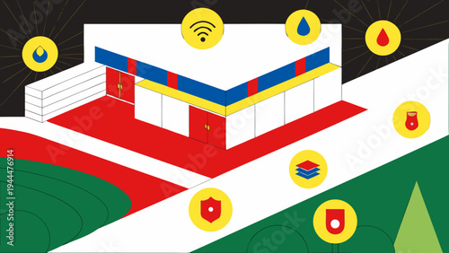 Modern smart building illustration features various technological icons for automation, security, and connectivity, demonstrating advanced intelligent home management systems.