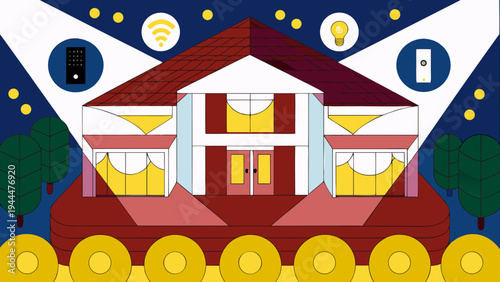 Smart home illustration showcases a modern stylized house brightly lit by spotlights, with floating technology icons representing connectivity and automated living.