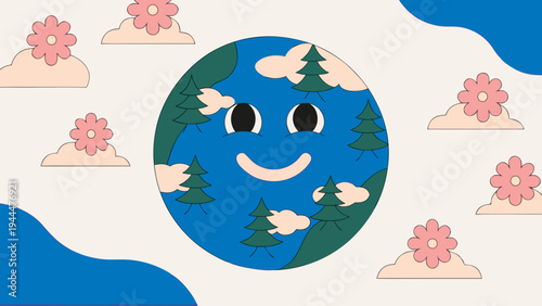 Smiling Earth illustration portrays a happy planet with a cheerful face, surrounded by stylized pink flowers and fluffy clouds, symbolizing environmental care and joy.