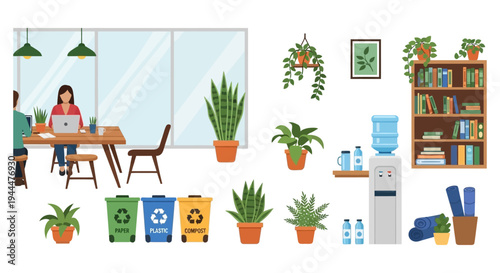 Sustainable Office & Coworking Environment Elements. Modern Workplace Illustration with Green Plants, Recycling, Water Cooler & People Working.