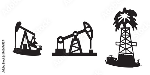 Oil Pumpjack and Drilling Rig Icons – Petroleum Industry Extraction Equipment Vector Set