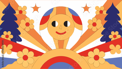 Cheerful sun illustration beams brightly with a smiling face, surrounded by stylized orange flowers, blue trees, and vibrant radiating lines in a groovy retro style.