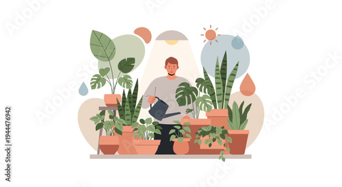Happy Man Watering Potted Houseplants in a Bright Indoor Garden - Flat Design Illustration for Home Care & Hobby