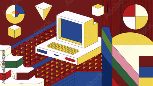 A vintage personal computer with a blue screen and separate keyboard sits on a red stepped platform, surrounded by colorful geometric shapes and abstract elements.