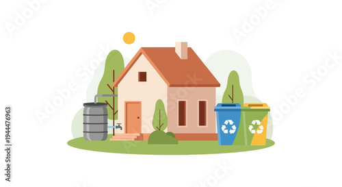 Eco-Friendly Sustainable Home: Rainwater Harvesting System and Recycling Bins Illustration