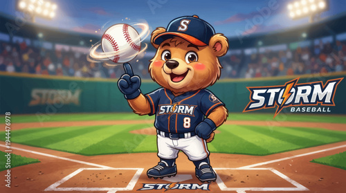 Cute cartoon bear mascot in baseball uniform spinning a baseball.