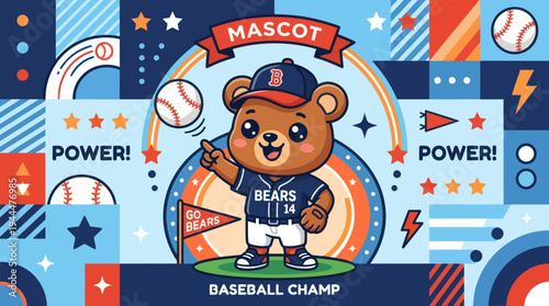 Cute Cartoon Bear Mascot in Baseball Uniform Ready to Play.
