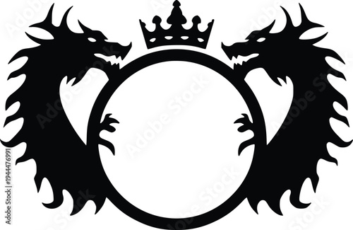 Mythical dragons flanking a royal crest with crown atop an ornate circular badge