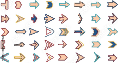 Colorful Outline Arrow Icon Set Vector, Directional Navigation Arrows Collection for Web and UI Design Isolated on White Background