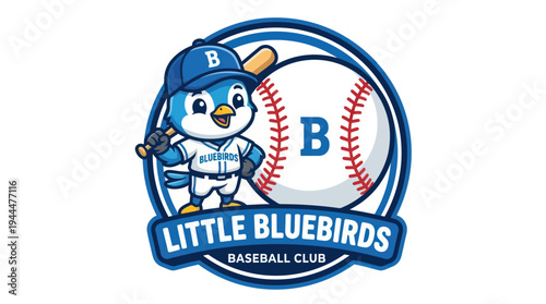 Little Bluebirds Baseball Club Logo with Cartoon Bird Mascot and Baseball.