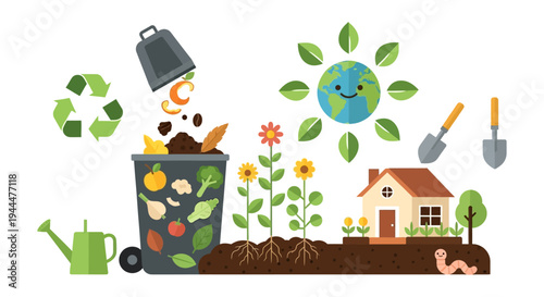 Composting, Recycling & Organic Gardening for Sustainable Living and a Healthy Earth. Eco-Friendly Concept Vector.