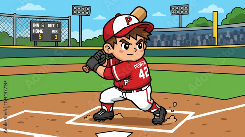 Young baseball player in red uniform ready to bat.